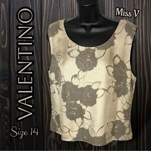Valentino Miss V Floral Silk Blend Beige Brown Sleeveless Shell Top Size 14